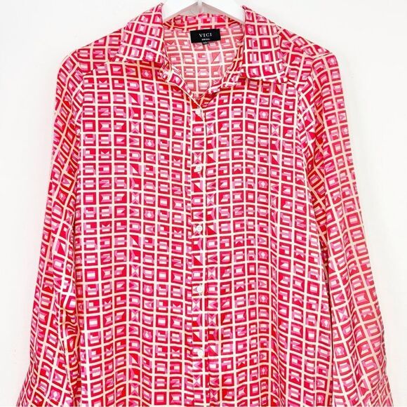 VICI Brenleigh Pink Red Geometric Print Poly Satin Button Down Tunic Mini Dress - Picture 5 of 16